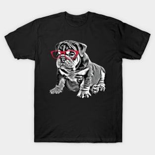 Bulldog Puppy Nerd Red Glasses T-Shirt